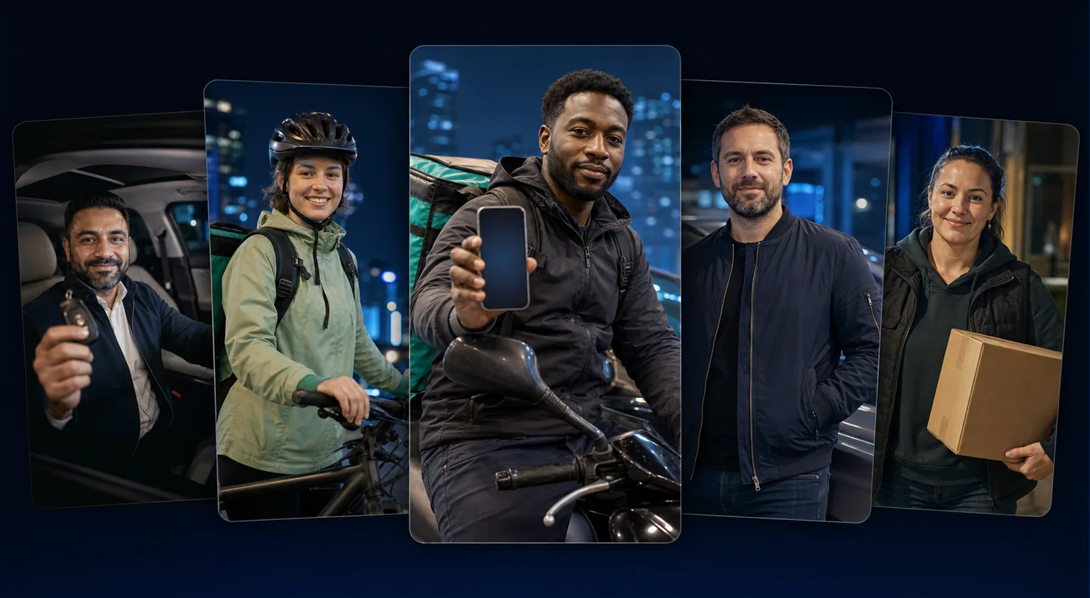 Uber, Deliveroo, Amazon Prime and Bolt gig workers standing in front of a taxi.