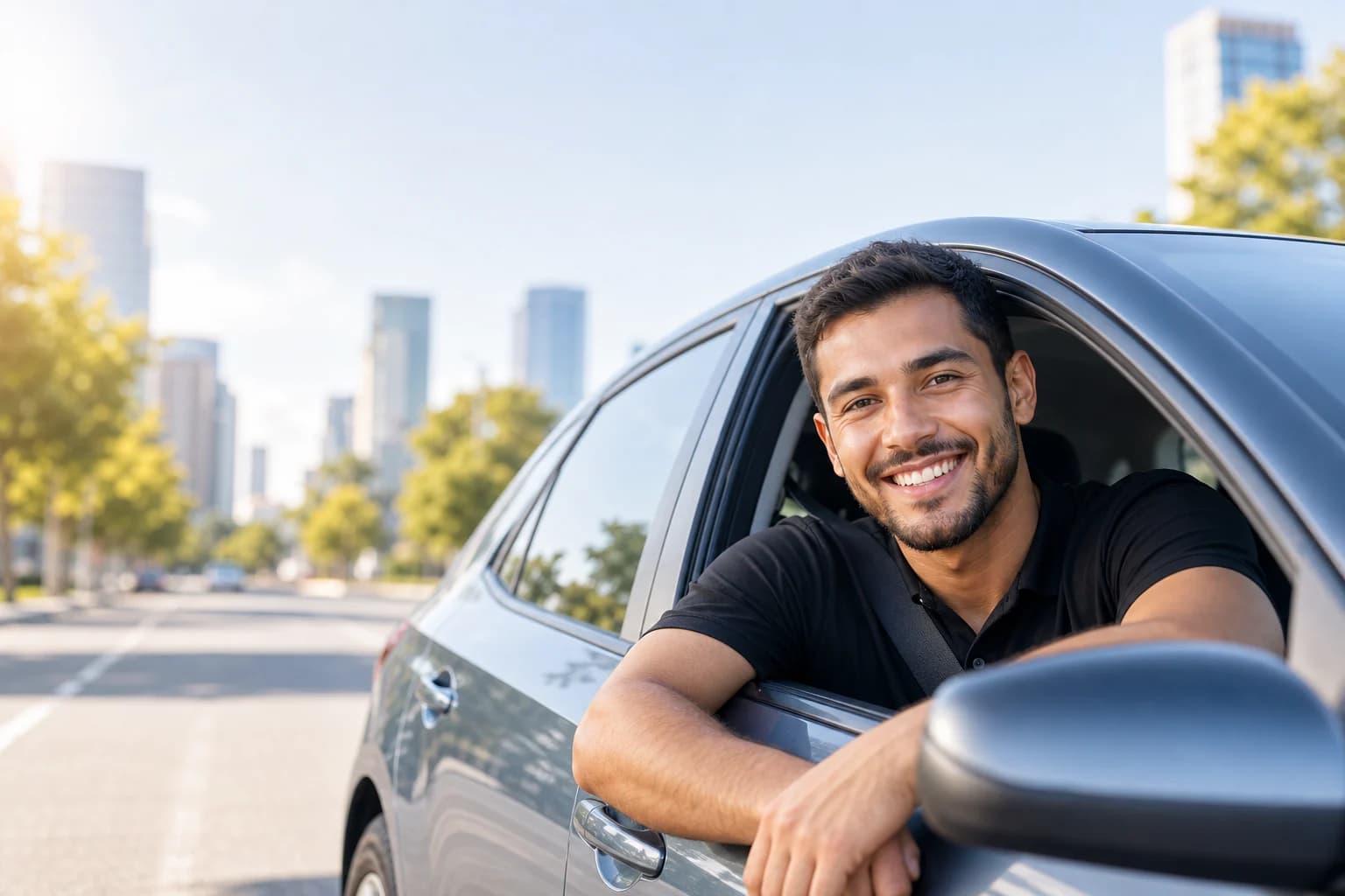 Smiling professional driver in a black shirt leaning from a car window in a bright city